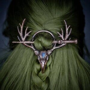 Antique Bronze Skull Hairpin with Antlers Horns Gothic Goth Witchy Wiccan Hair